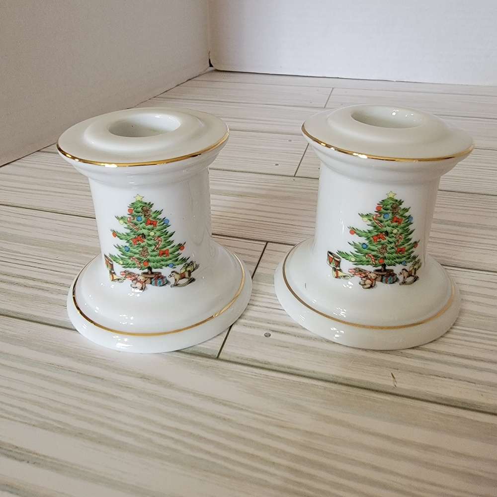 Avon Holiday Hostess Sick Candle Holders Christmas Tree Holly Japan Ceramic